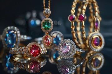 Poster - A assortment of rings and necklaces arranged on a table, ideal for use in fashion or lifestyle context