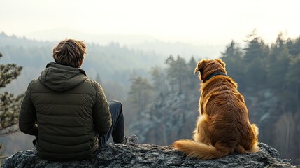 A dog and its owner resting together on a rocky outcrop, with panoramic views of a forest or mountain range, illustrating companionship and nature with ample space for text.