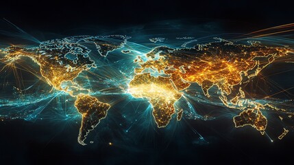 Canvas Print - map of the world with connecting lines highlighting the various export routes taken by a large multinational corporation's goods.