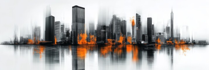 Poster - an evocative abstract watercolor painting presents a vibrant cityscape, showcasing bold black and or