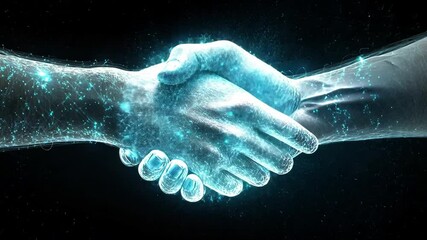 Poster - Two hands connect in a handshake with luminous digital effects, representing unity and collaboration in a technological context.