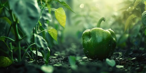 Wall Mural - Cultivating Green Bell Peppers in a Home Garden