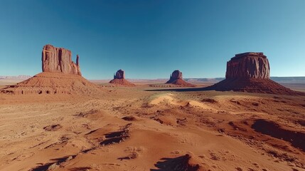 A dramatic shot of Monument Valley in Arizona, with its distinctive red rock formations and a clear blue sky creating a stunning contrast.