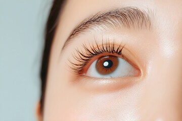 Woman's eyes after classic 2d volume eyelash extensions and eyebrow correction. Natural beauty. Cosmetology and skin care, makeup and cosmetic concept. Closeup. Background for banner or poster