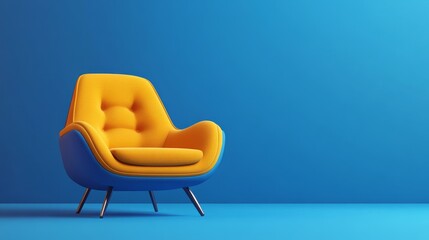 A yellow armchair with blue trim stands against a blue wall. The chair is empty and inviting, perfect for relaxation.