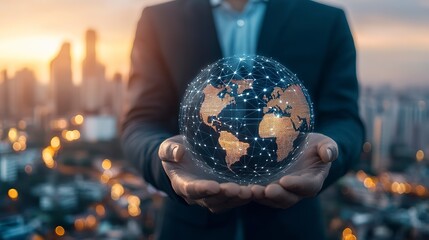 Canvas Print - Businessman holding global network and data customer connection on city background, innovative technology in science and communication isolated with white highlights