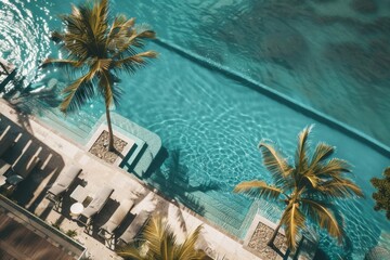 Poster - Swimming pool and surrounding area with palm trees, suitable for vacation or resort images