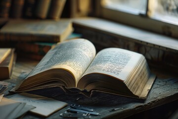 Poster - A classic scene of learning and knowledge with an open book resting on a wooden table