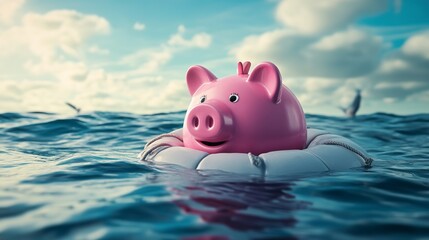 Pink piggy bank in a buoy trying to protect his savings from a shark attack - Concept of investment failure, financial risk, debt problem, bankruptcy, economy 