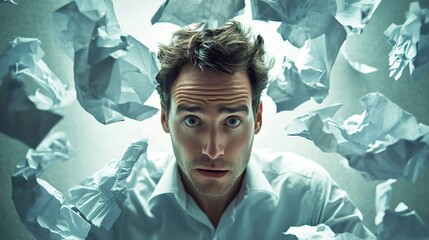 Canvas Print - Stressed businessman overwhelmed with crumpled paper - A businessman with a stressed expression on his face, overwhelmed by a flurry of crumpled paper, symbolizing pressure, anxiety, frustration, fail