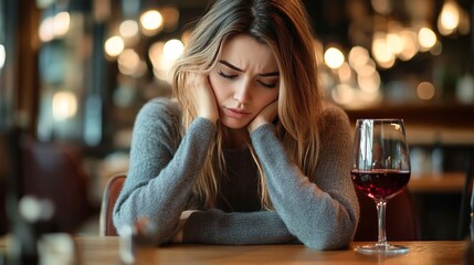 Poster - Wine, restaurant, unhappy woman on date app waiting for word. Valentine's Day: serious, unhappy, or angry girl nice eating alone with cellphone reading terrible or fail message. 