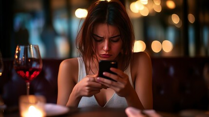 Poster - Wine, restaurant, unhappy woman on date app waiting for word. Valentine's Day: serious, unhappy, or angry girl nice eating alone with cellphone reading terrible or fail message.