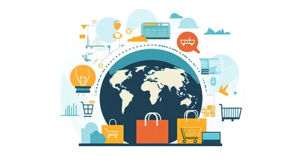 Worldwide e-commerce transactions, global marketplace, flat design illustration