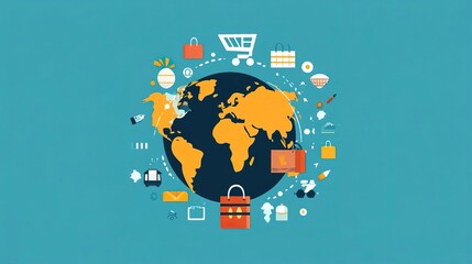 Wall Mural - Worldwide e-commerce transactions, global marketplace, flat design illustration