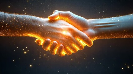 Poster - A vibrant handshake illuminated by glowing particles represents partnership and collaboration against a dark background.