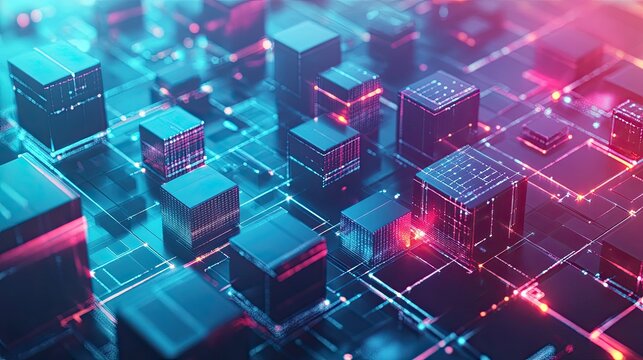 3D rendering of isometric cubes in a futuristic business technology background, emphasizing innovation and modernity.