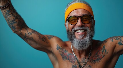 A cheerful senior hipster, fit and tattooed, maintains a vibrant senior lifestyle with a smile against a blue background.