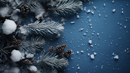 Wall Mural - Winter abstract minimal background with fir tree branches covered with snow and copy space.