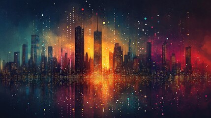 Canvas Print - A city skyline is colorfully depicted with numerous dots and intersecting lines.