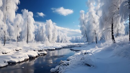 Wall Mural - Winter Background with a Beautiful Snow Covered Trees. Enchanting Christmas Scene.