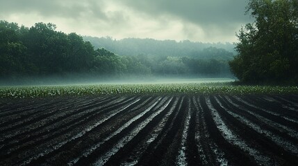 Canvas Print - rain falling on tilled farm land