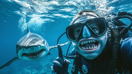 Shark photobomb. A scuba diver waves his hand unaware of the imminent threat: a big gray shark is right behind him and approaching with open jaws and sharp teeth. Underwater selfie epic fail meme