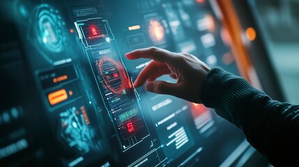 Poster - Hand interacting with a digital screen displaying various error and alert notifications.
