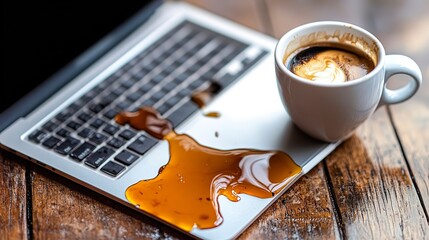 Upside down cup of coffee spilled on laptop 