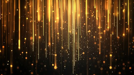 Poster - Abstract vertical gold lighting lines glowing on a dark background with sparkling particles and lighting effects. Sophisticated design with space for copy text.