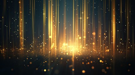 Poster - Abstract vertical gold lighting lines glowing on a dark background with sparkling particles and lighting effects. Sophisticated design with space for copy text.