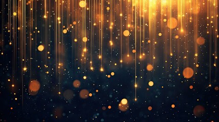 Poster - Abstract vertical gold lighting lines glowing on a dark background with sparkling particles and lighting effects. Sophisticated design with space for copy text.