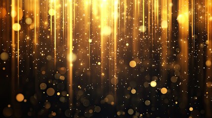 Poster - Abstract vertical gold lighting lines with glowing sparkles on a dark background, creating a luxurious design style with ample space for text or branding.