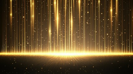 Poster - Abstract vertical gold lighting lines with glowing sparkles on a dark background, creating a luxurious design style with ample space for text or branding.