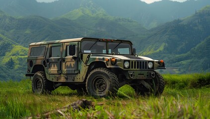 Wall Mural - A military hummer in camouflage is driving on the grass near an open field. On top of it there is a small white cloud and a camera mounted to its roof for pointing towards you.