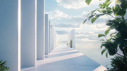 Angular geometric corridor with a modern aesthetic, leading to a peaceful sky filled with soft clouds and gentle sunlight, creating a serene atmosphere.