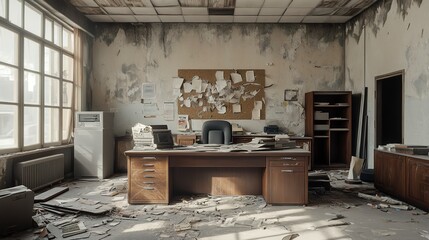 Wall Mural - An abandoned, dusty office stands as a vivid testament to the company's end, weaving a visual story of closure and the relentless march of time