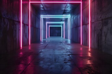 3d render, abstract futuristic tunnel background with neon blue and red light in dark room. Digital wallpaper for video game or motion design.