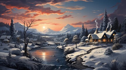 Wall Mural - Winter in the village, holiday season postcard style illustration. Merry christmas and happy new year concept