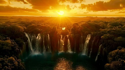 Wall Mural - Sunset Over a Waterfall in a Lush Tropical Forest