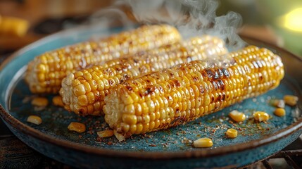 Grilled corn on a plate, steaming and seasoned, perfect for a summer meal.