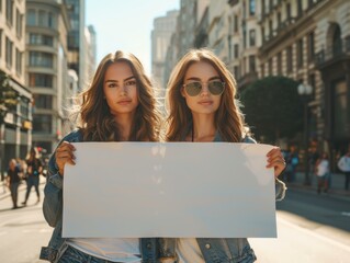 Canvas Print - Two women holding a blank sign. AI.