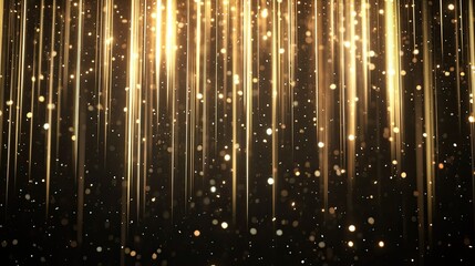 Poster - Elegant vertical lighting lines in glowing gold, set against a black background with sparkling effects. Perfect for luxury-themed designs with space for text.