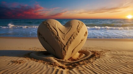 Poster - A heart shaped sandcastle on the beach at sunset. AI.