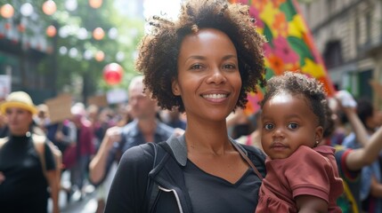 Wall Mural - A mother smiles at the camera while holding her child. AI.