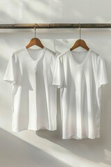Aufkleber - A pair of clean white shirts hanging from a clothes rack, ideal for use in scenes about laundry, fashion, or everyday life