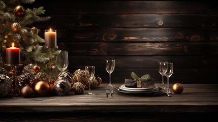 Wall Mural - Wood dining table with copy space and christmas tree in the background