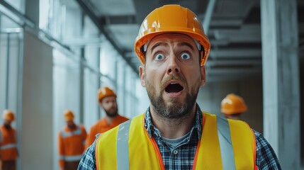 Poster - Portrait maintenance engineer man with team as a background wearing uniform and safety hard hat are shocked about fail construction sit