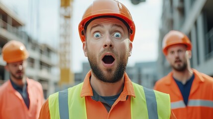 Poster - portrait maintenance engineer man with team as a background wearing uniform and safety hard hat are 