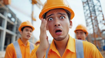 Canvas Print - Portrait maintenance engineer man with team as a background wearing uniform and safety hard hat are shocked about fail construction site,