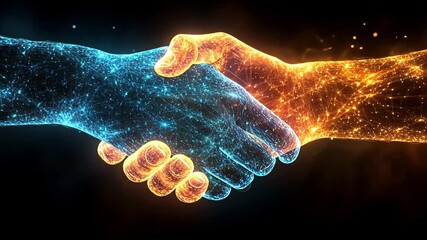 Poster - A vibrant representation of a handshake between two hands, one glowing blue and the other orange, depicting unity in a digital landscape.